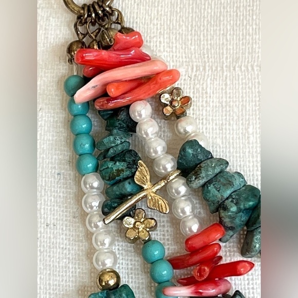 Coral and Turquoise Faux Pearl Beads Necklace 4 layers of gold animal charms - Picture 6 of 12